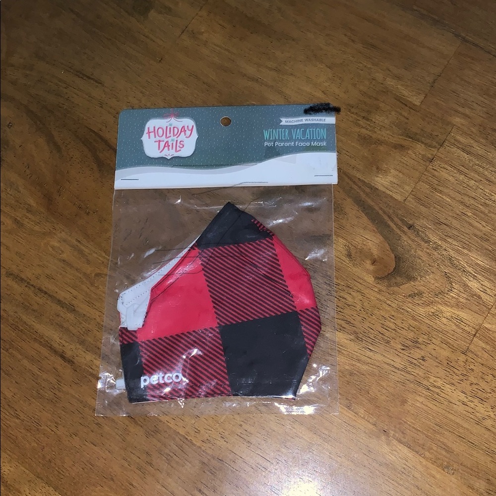 Holiday Tails Petco “Winter Vacation” pet parent red plaid face mask
